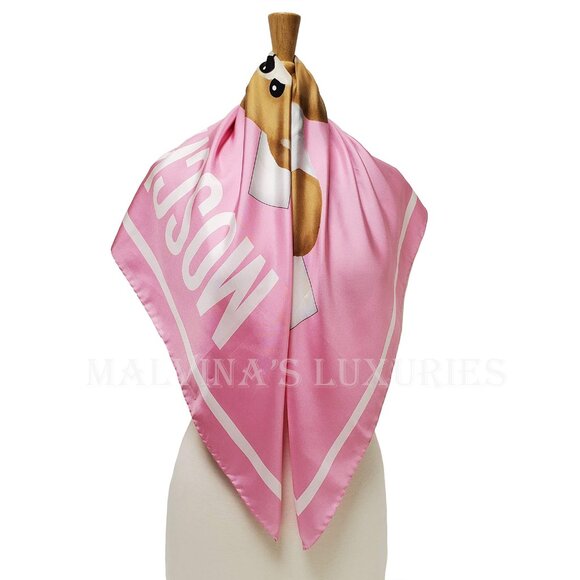 MOSCHINO SCARF PINK PAPER DOLL TEDDY BEAR & LOGO SILK TWILL SQUARE FOULARD 34" - Picture 3 of 9